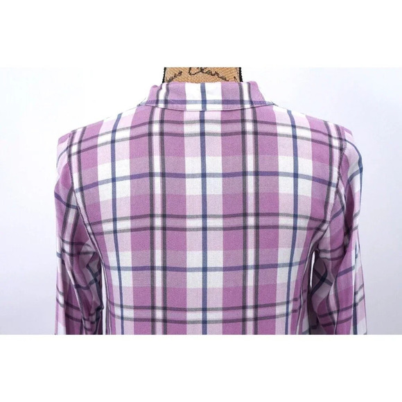 J. Jill Top Women Extra Small Plaid Lavender Ruffle Hem Button Up Blouse Shirt - Picture 7 of 10